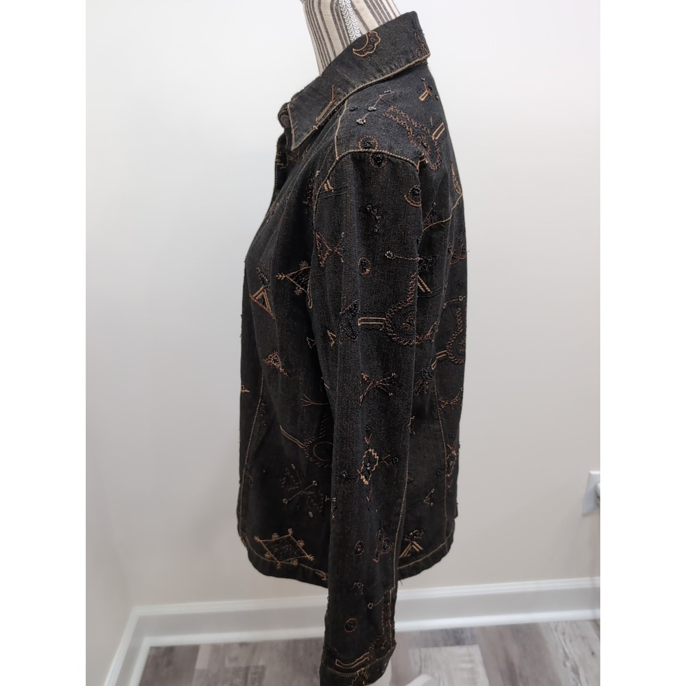 Chicos Jacket Womens 1 Black Embroidered Beaded Denim Southwestern Silk Lined - Picture 7 of 10